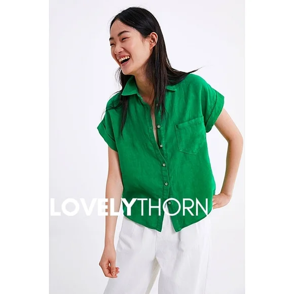 ZARA // kelly green chest pockets button down linen relaxed fit blouse - Picture 5 of 7
